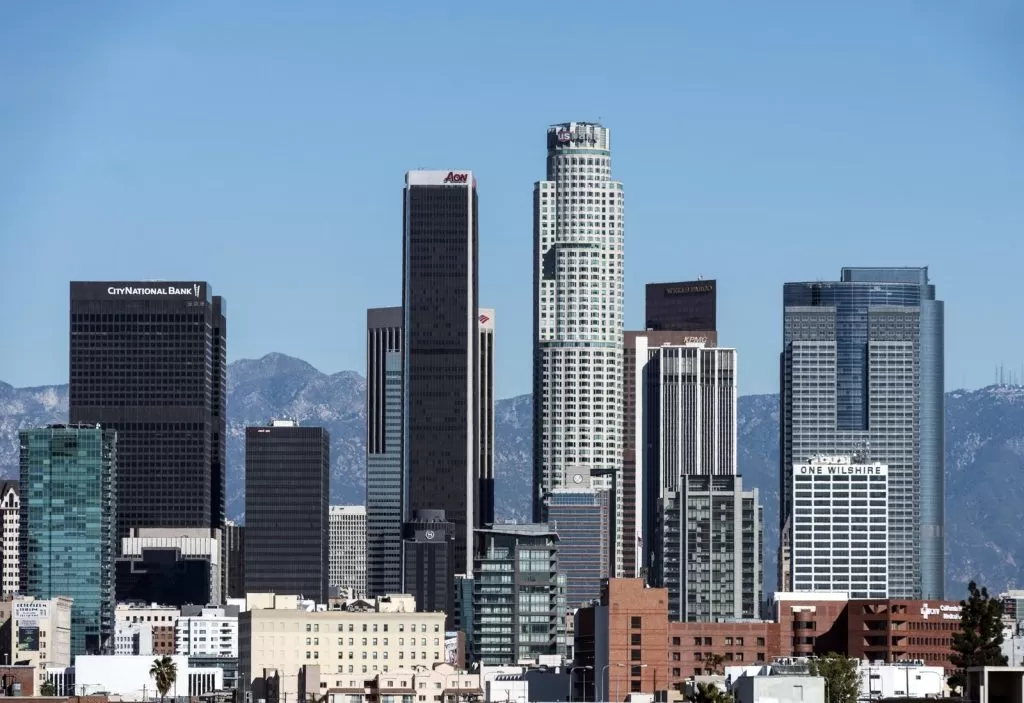 Downtown Los Angeles skyline with the San Gabriel Mountains behind