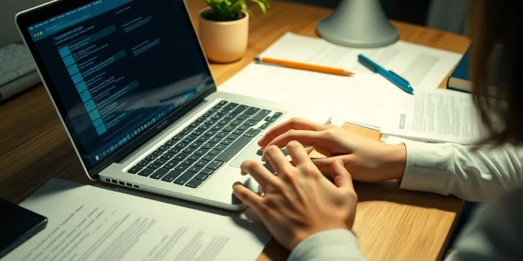 Person using laptop with academic documents on desk.