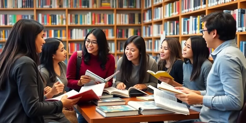 Diverse students collaborating in a library setting.