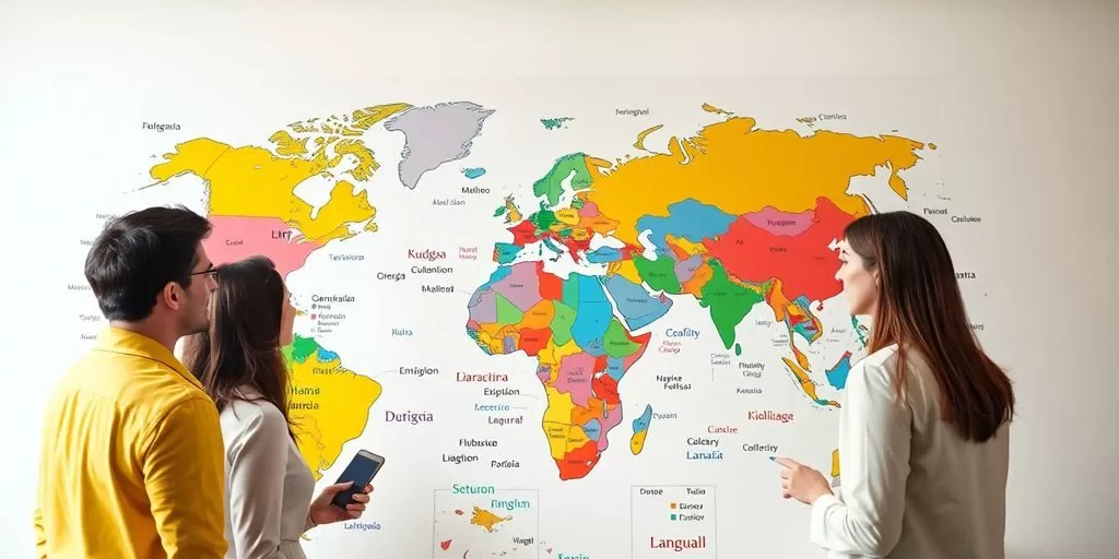 Diverse professionals collaborating over a world map.