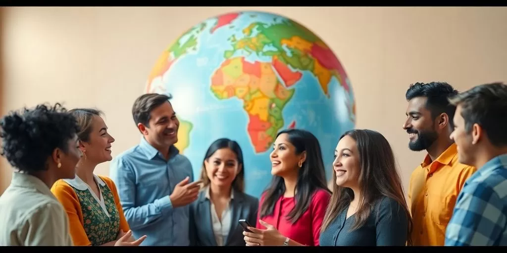Diverse people communicating with a globe backdrop.
