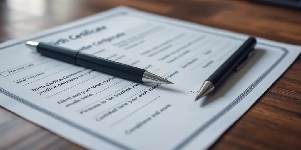 Close-up of a birth certificate and pen on a table.