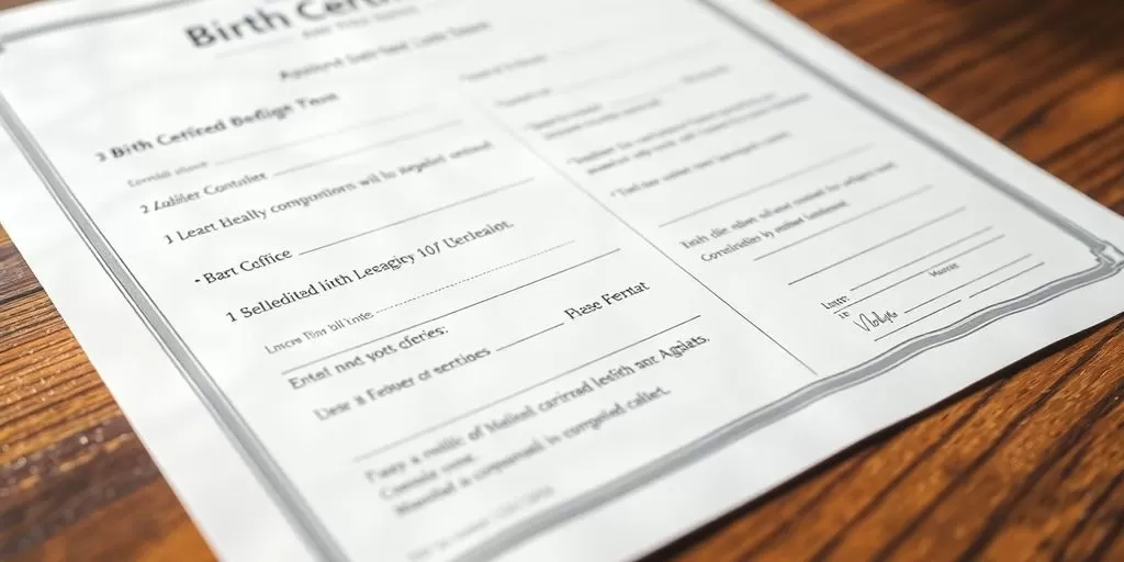 Close-up of a birth certificate on a wooden table.
