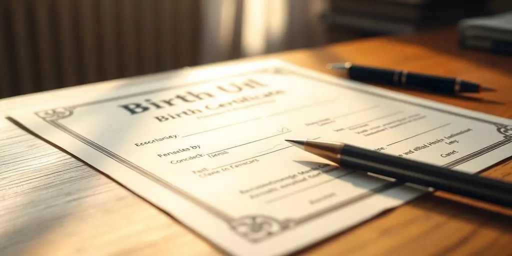 Close-up of a birth certificate on a desk.
