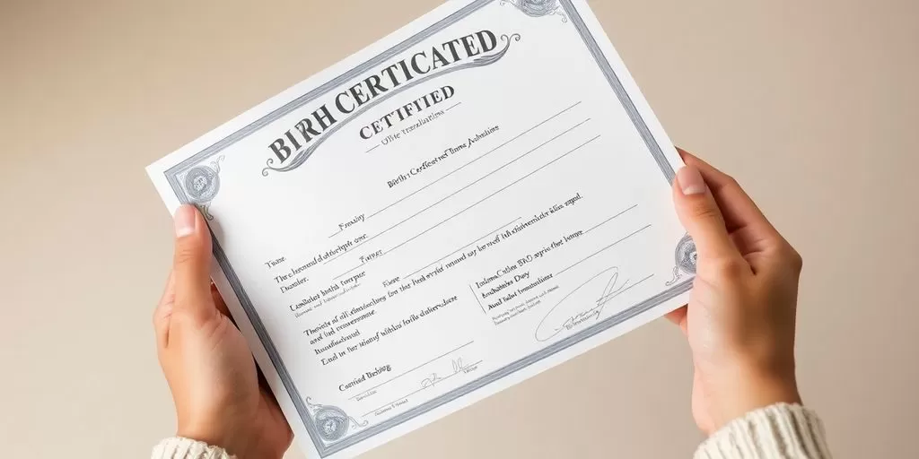 Close-up of a certified birth certificate in hands.