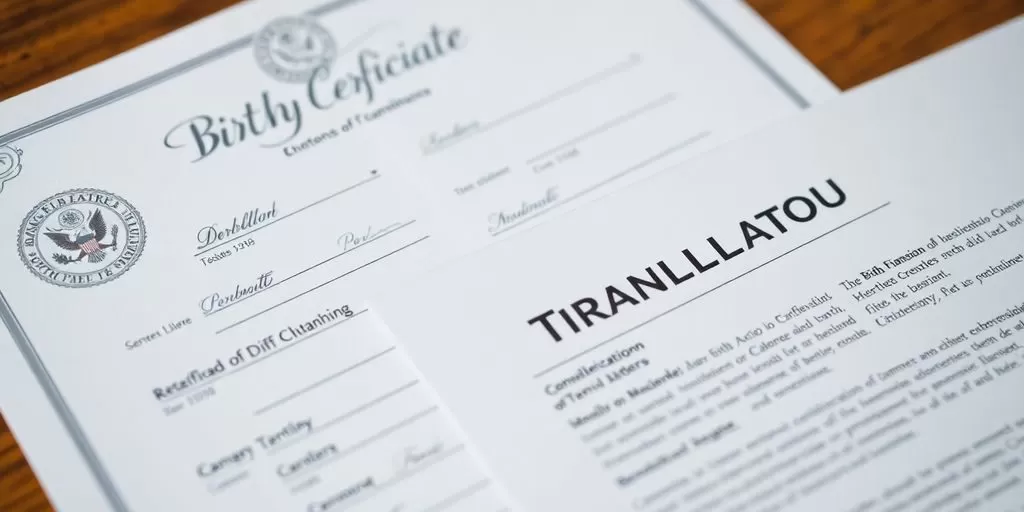 Birth certificate with translation document beside it.