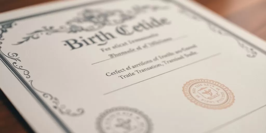 Birth certificate with ornate designs and official seals.