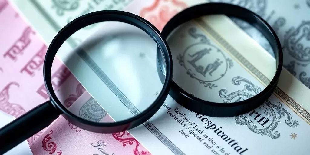 Stack of birth certificates with a magnifying glass.