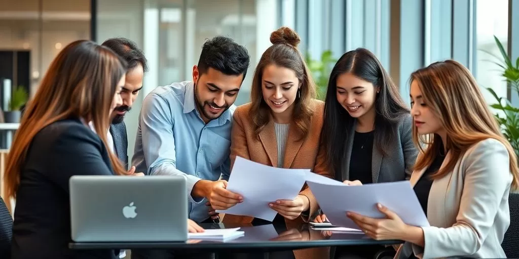 Diverse professionals collaborating in a modern office.