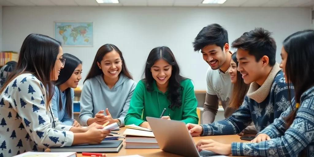 Diverse students collaborating in a modern classroom setting.