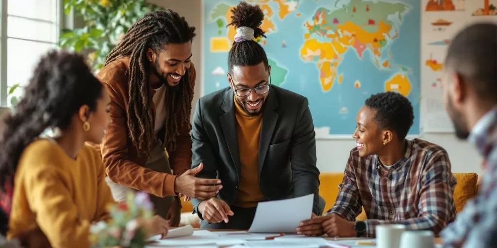 Diverse group collaborating in a global document translation setting.
