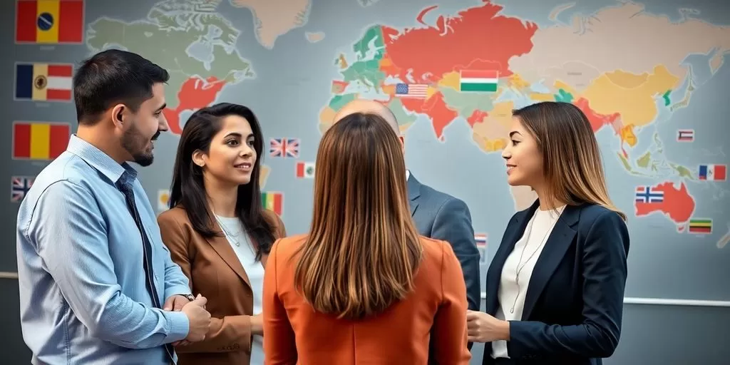 Diverse professionals collaborating in a global communication setting.