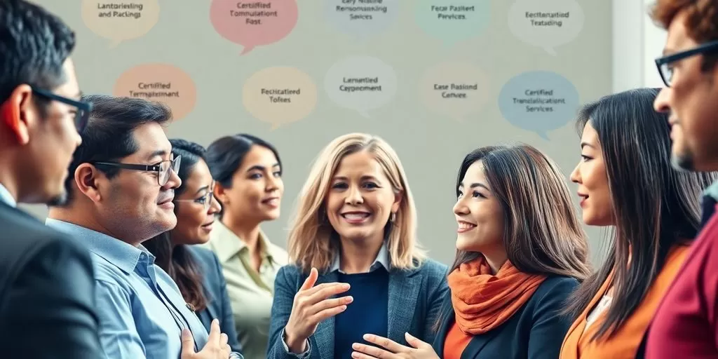 Diverse professionals communicating in different languages.