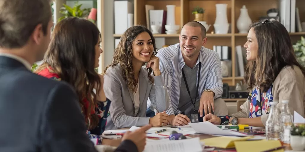 Diverse translators collaborating in a professional environment.