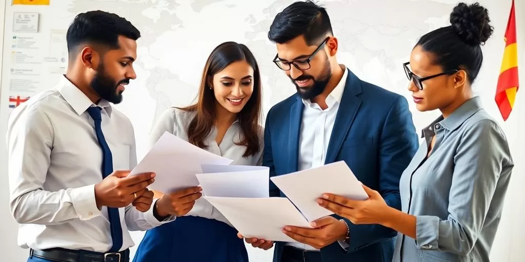 Diverse professionals collaborating on document translation for business.