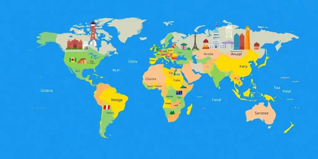 Colorful global map highlighting diverse cultures and communication.