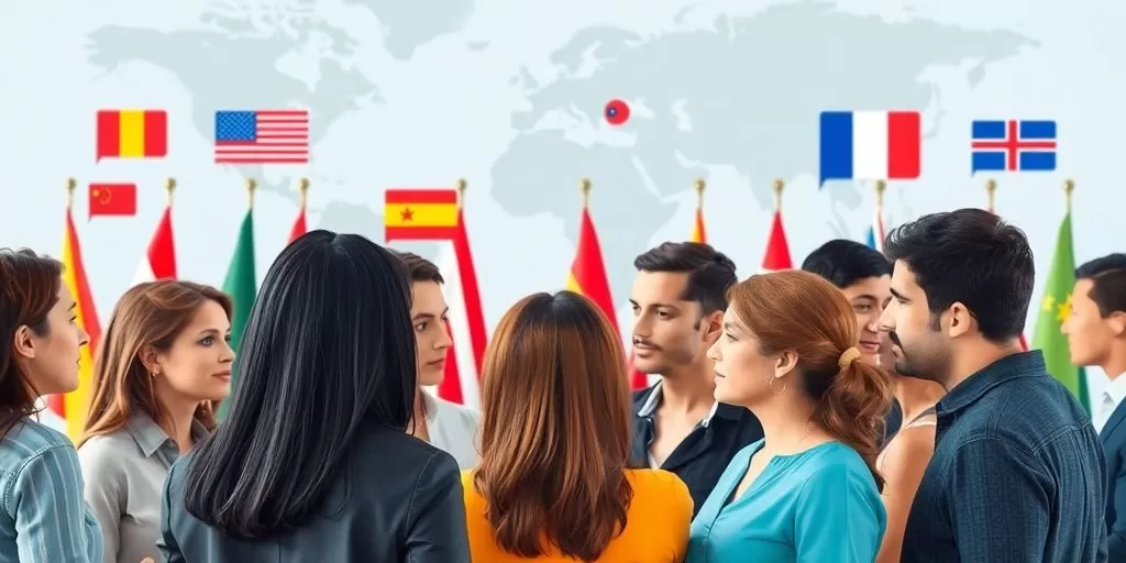 Diverse people communicating with flags representing different countries.
