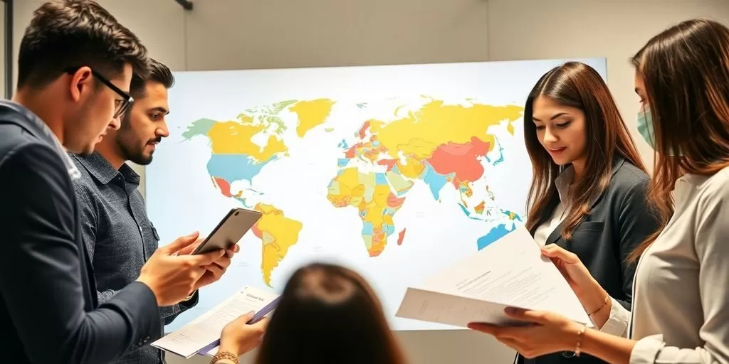 Professionals collaborating on a world map for translation services.
