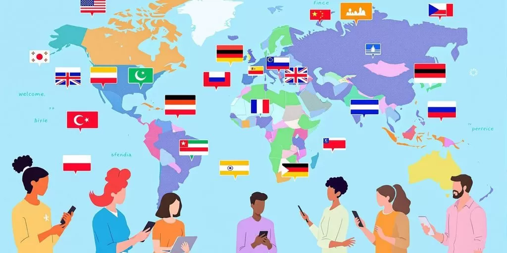 Group of people communicating with flags and a world map.