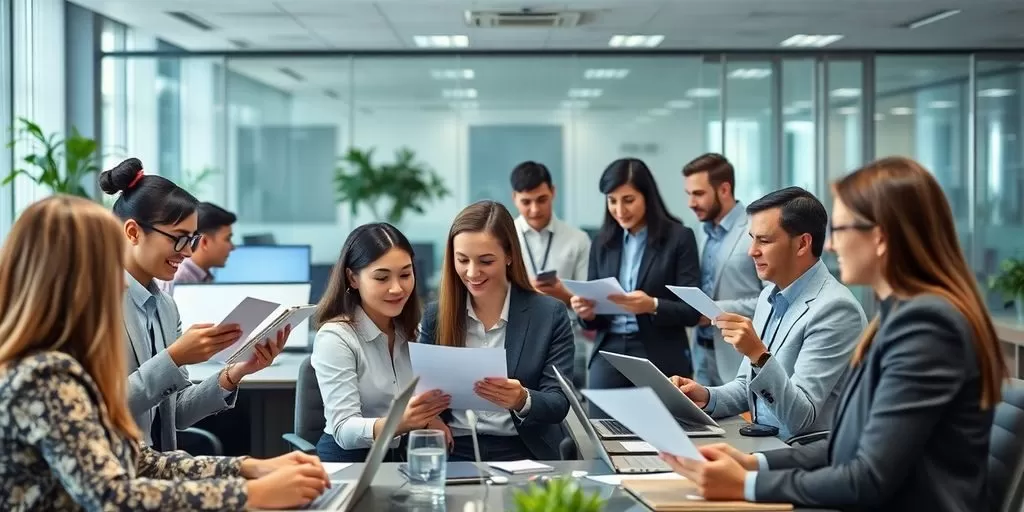 Diverse professionals collaborating in an international office setting.