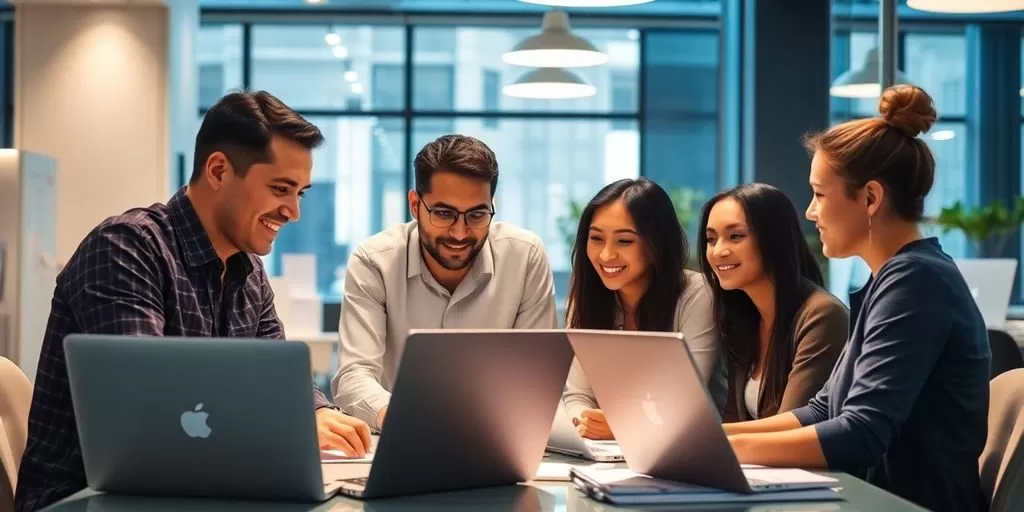 Diverse team collaborating in a bright office environment.