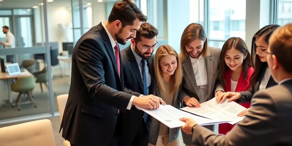 Diverse professionals collaborating on financial documents in an office.