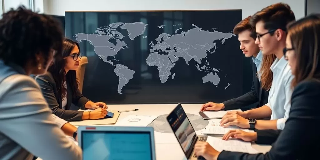Diverse professionals discussing global financial opportunities in a workspace.