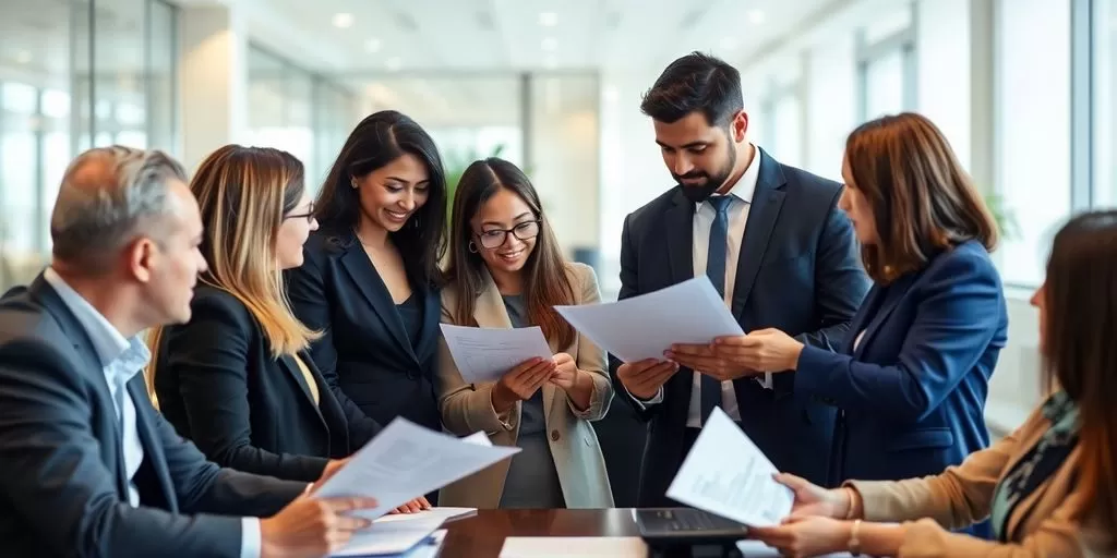 Diverse professionals collaborating in a modern office setting.