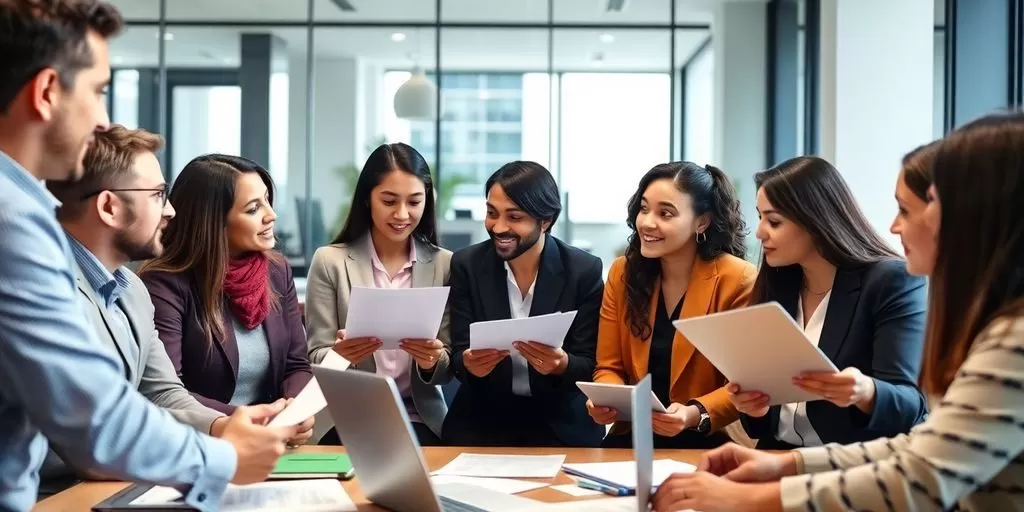 Diverse professionals collaborating in a modern office setting.