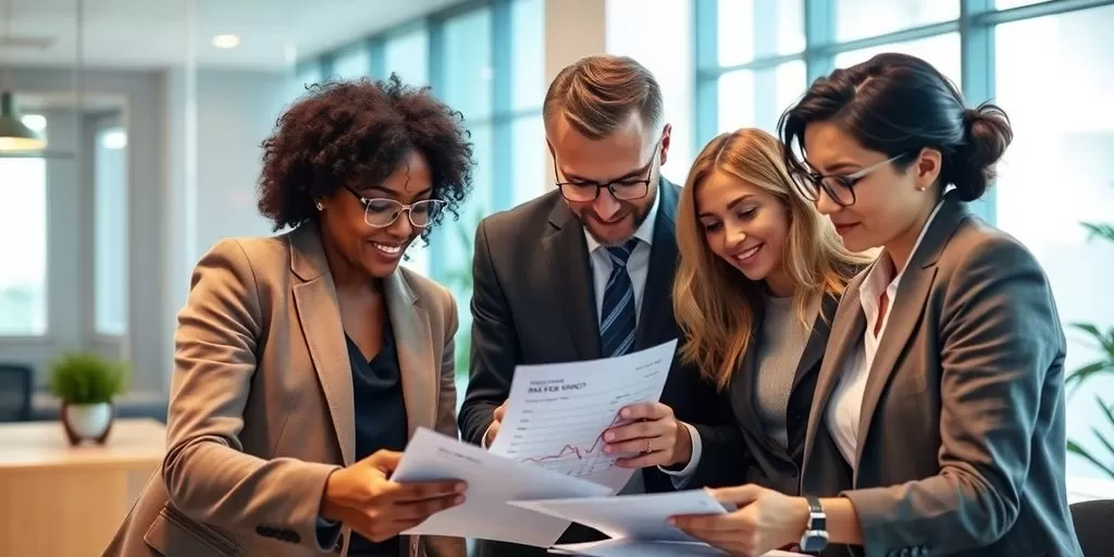 Business professionals discussing financial documents in an office.