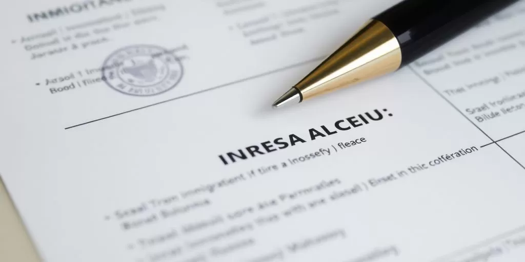 Photograph of an immigration document and a pen.