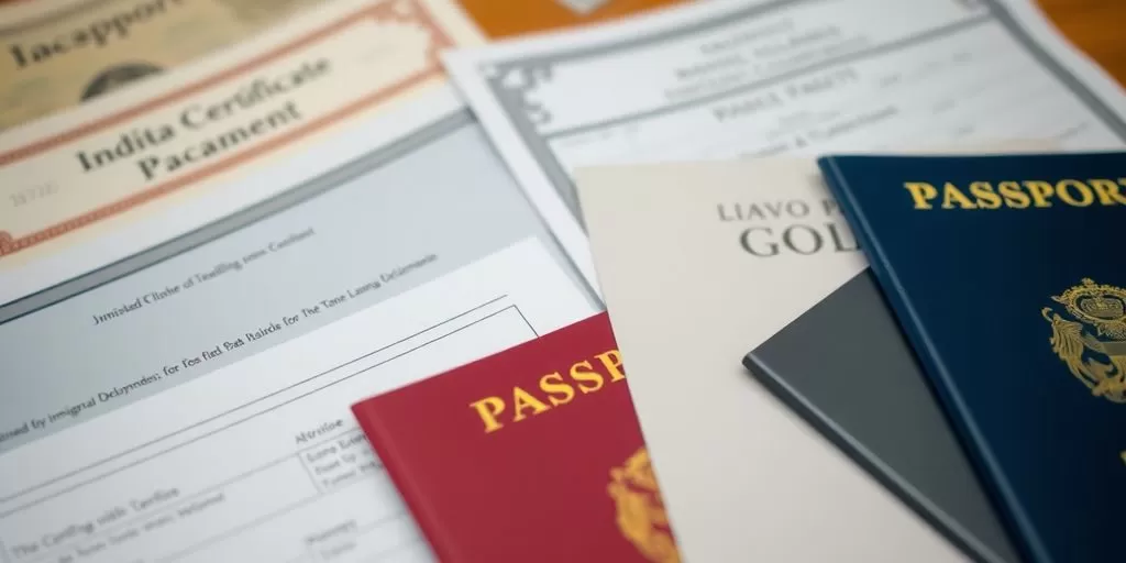 Close-up of diverse immigration documents on a desk.