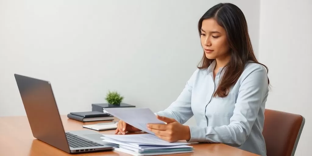 Translator working on immigration documents with a laptop.