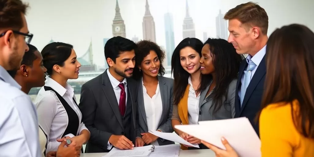 Diverse professionals collaborating on legal document translation.