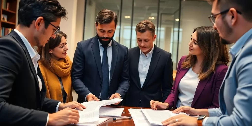 Diverse professionals discussing legal documents in a meeting.