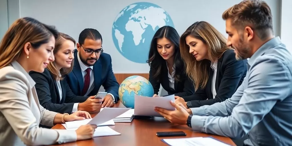 Diverse professionals discussing legal documents at a conference.