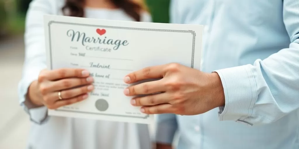 Couple holding a marriage certificate in a romantic setting.