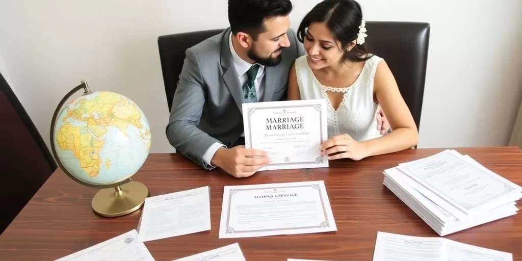 Couple with marriage certificate and globe on table.