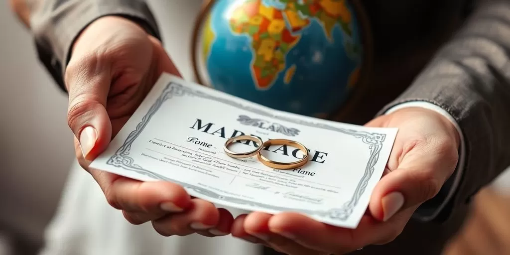 Hands holding a marriage certificate and wedding rings.