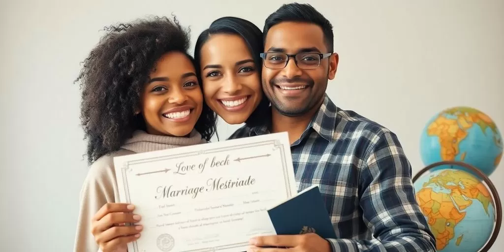 Couple holding marriage certificate with travel items.