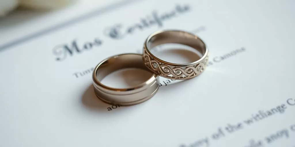 Wedding rings on a marriage certificate for international couples.