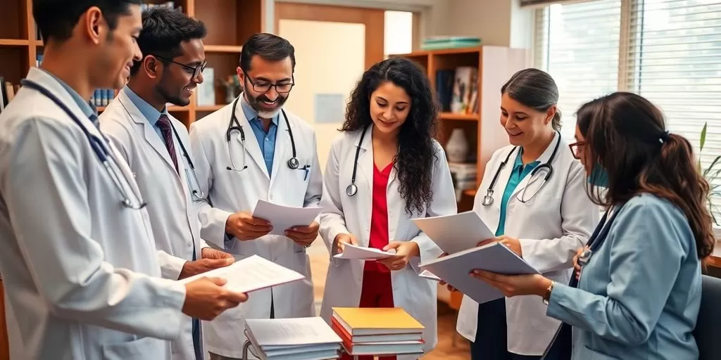 Diverse medical professionals discussing documents in an office.