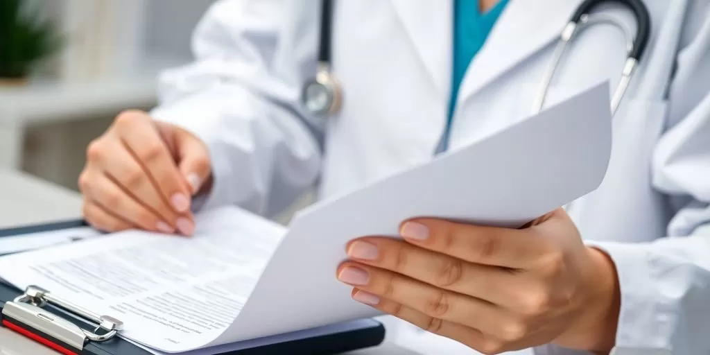 Healthcare professional examines translated medical documents.