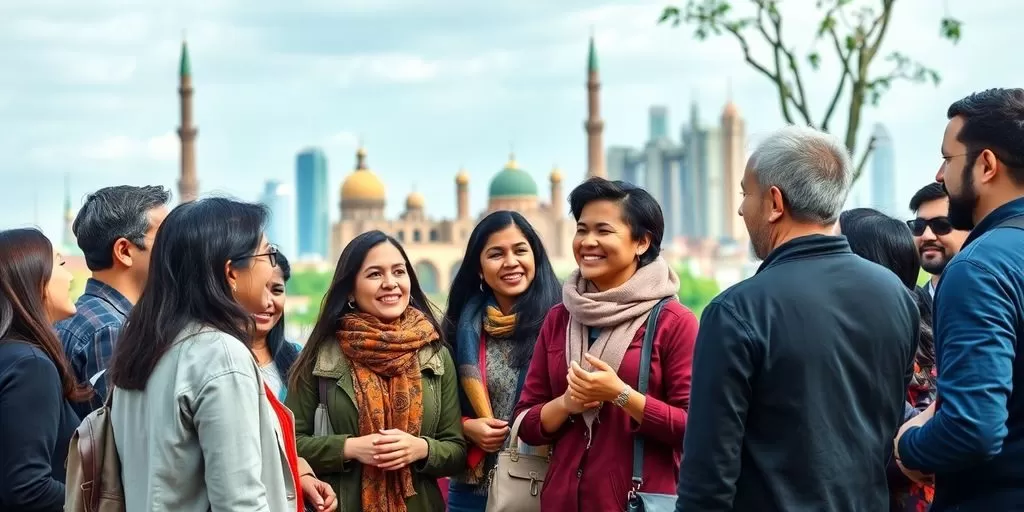 People of diverse backgrounds conversing in a vibrant setting.