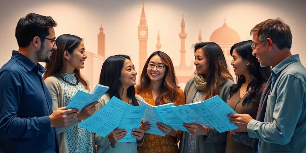 Diverse people discussing documents in various languages.