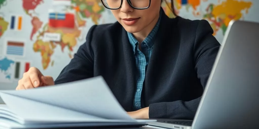 Translator working with documents and laptop in office.