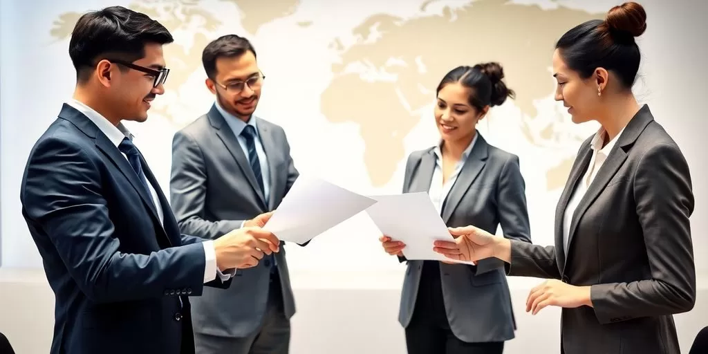 Diverse professionals collaborating on international business agreements.