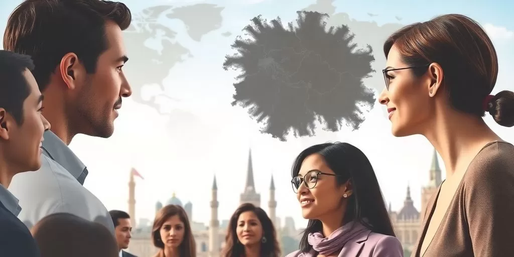 Diverse people communicating amidst international landmarks.