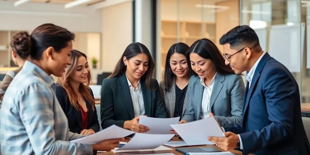 Professionals collaborating on documents in a modern office.