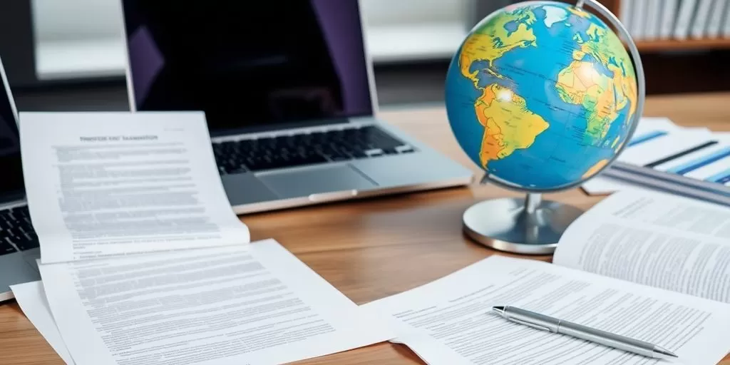 Photographic image of a workspace for document translation.